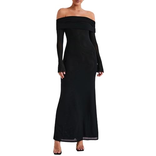 Yoisdtxc Damen Sommer Off-Shoulder Kleid Einfarbig Sheer Mesh Langarm Schlank Langes Kleid, A-schwarz, Small von Yoisdtxc