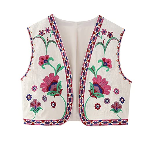 Yoisdtxc Damen Weste Ärmellos Cardigan Blumen Bestickte Weste Retro Ethno Style Weste Mantel Kurz Cardigan Sommer Weste, A-Pink, XS von Yoisdtxc