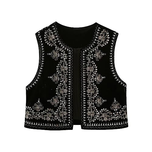 Yoisdtxc Damen Weste Ärmellos Cardigan Floral Stickerei Weste Retro Ethno Stil Weste Mantel Kurze Strickjacke Sommer Weste, B-schwarz, 42 von Yoisdtxc