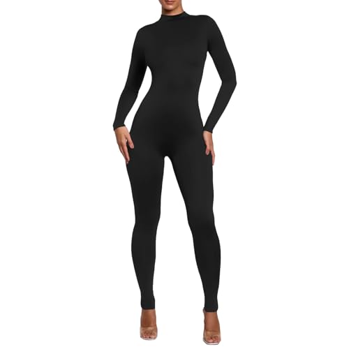 Yoisdtxc Damen-Yoga-Jumpsuit, Hose, gerippt, lange Ärmel, Rundhalsausschnitt, Workout-Strampler, Einteiler-Leggings, A-schwarz, 48 von Yoisdtxc