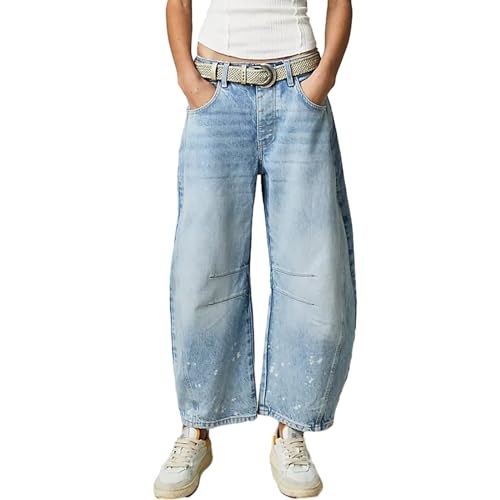 Yoisdtxc Frauen Mode Lose Jeans Einfarbig Mid-Rise Barrel Denim Hosen Frühling Sommer Casual Hosen Streetwear, A-light blue, M von Yoisdtxc