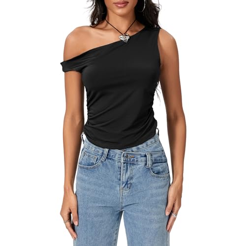 Yoisdtxc Trendy Queen ärmelloses schulterfreies Damen-Top, Hemden, zum Ausgehen, bauchfrei, schmale Passform, Y2K Sommer-Outfits 2024, Schwarz , Small von Yoisdtxc