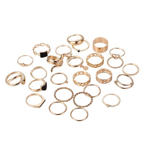 Yokawe Multi-Shapes Legierung Ring Party 27 Stück/Set Frauen Set Retro Glatt Herz Geometrisch Verstellbar Offen Prom Daily Lady Finger, Metall, Sekundärer Stein von Yokawe