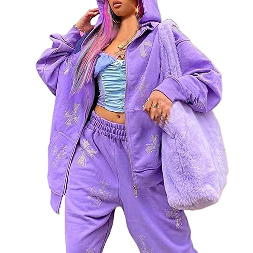 2 Teiliger Damen Sweatshirt mit Zip, Y2K Ästhetisches Kreuz Strass Hoodies + Hip Hop Jogger Jogginghose, 90er Jahre Vintage Harajuku Jacke Streetwear, Punk Unisex Lose Sweatshirt Jogginghose ( Color : von Yokbeer