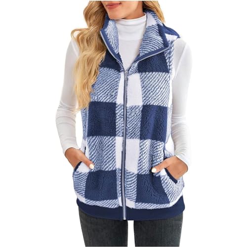 Weste für Damen, Fleece Körperwärmer Plüschweste Flauschige Strickjacke Weste mit Kapuze, Weiche Einfarbige Ärmellose Jacke Weste Tasche Reißverschluss Herbst und Wintermantel ( Color : Blue , Size : von Yokbeer