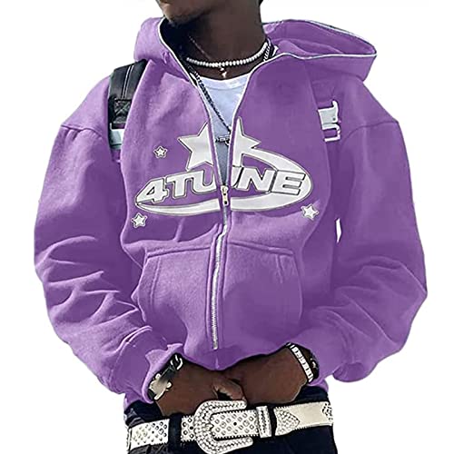 Y2K Full Zip Hoodie Streetwear, Jacke Herren Star Print Reißverschluss Langarm Streetwear Vintage Kapuzen Sweatshirt Hoodie Unisex paar Kapuzenjacke 90er Jahre Mädchen Top ( Color : Purple , Size : M von Yokbeer