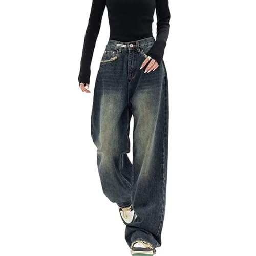 Yokbeer Baggy Cargo Jeans Unisex Frühling Frauen Denim Jogginghose Y2k Casual Gerade Hoher Taille Jeans Streetwear Loose Hose mit Weitem Bein (Color : Blue, Size : XXL) von Yokbeer