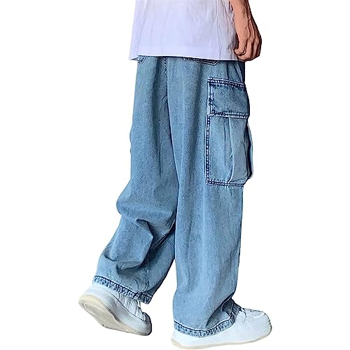 Yokbeer Baggy Jeans Herren Jeans Men Hip Hop Jeans Baggy Jeanshose Teenager Jungen Bein Jeans Skateboard Hose Streetwear (Color : Blue, Size : M) von Yokbeer