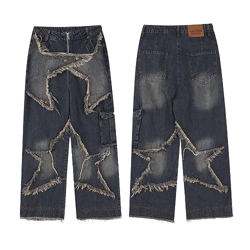 Yokbeer Baggy Jeans Herren Y2K Vintage Bedruckt Denim Hosen mit Weitem Bein Jeanshosen Sterne Stickerei Patchwork Skateboard Jeans Teenager Hip Hop Jeans Gerade Jeanshose (Color : Blue, Size : XL) von Yokbeer