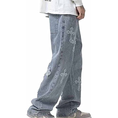 Yokbeer Baggy Jeans Y2k Herren Hip Hop Jeanshose Original Hosen Bedruckte Kreuze Baggy Jeans mit Geradem Bein Loose Fit Straight Leg Teenager Jungen Skateboard Hose (Color : Blue, Size : M) von Yokbeer