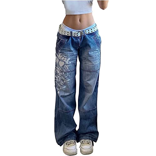 Yokbeer Damen Bedruckte Vintage Relaxed Jeans Low Waist Jeans Gerade Breites Bein Baggy Denim Hosen Y2k Indie Aesthetic Vintage Jeanshosen 90er Streetwear (Color : Blue, Size : S) von Yokbeer