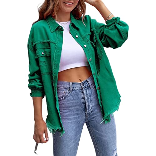 Yokbeer Damen Herbst Frühling Übergroße Jeansjacke Lange Boyfriend Distresse Jean Jacke Lässige Basic Jeansjacke Übergangs Ripped Denim Jacken (Color : Green, Size : XXL) von Yokbeer