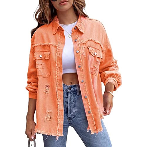 Yokbeer Damen Jeansjacke Zerrissene Fransen Jeansjacke for Damen, Verwaschenes Distressed Jeansjacke mit Ausgefranster Knopfleiste und Tasche (Color : Orange, Size : L) von Yokbeer