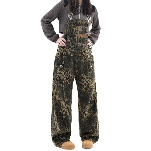 Yokbeer Damen Jumpsuits Leopard Baggy Jeans Arbeitshose Casual Lose Overalls Latzhosen Jeans Hellbraune Leoparden Jeans Mit Taschen Vintage Y2K Verstellbare Riemen Overalls (Color : Brown, Size : XL) von Yokbeer