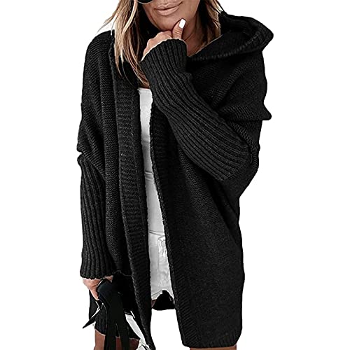 Yokbeer Damen Langarm Grobstrick Strickpullover Cardigan Große Größen Strickmantel Herbst Winter Strickwaren Teenager Mädchen Mäntel Longstrickjacke Kapuzenjacke (Color : Black, Size : L) von Yokbeer