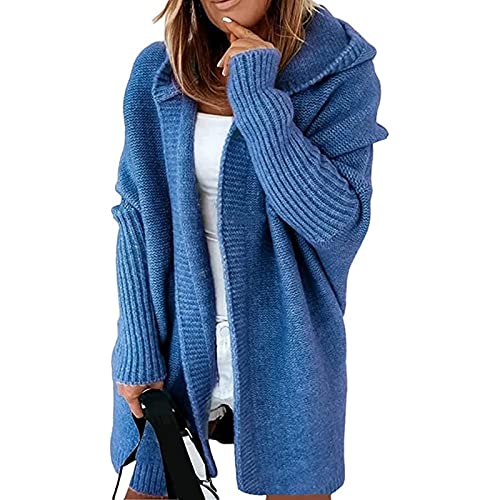 Yokbeer Damen Langarm Grobstrick Strickpullover Cardigan Große Größen Strickmantel Herbst Winter Strickwaren Teenager Mädchen Mäntel Longstrickjacke Kapuzenjacke (Color : Blue, Size : XL) von Yokbeer