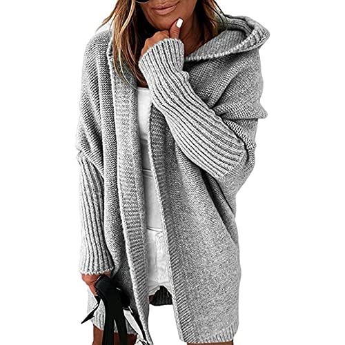 Yokbeer Damen Langarm Grobstrick Strickpullover Cardigan Große Größen Strickmantel Herbst Winter Strickwaren Teenager Mädchen Mäntel Longstrickjacke Kapuzenjacke (Color : Gray, Size : XL) von Yokbeer