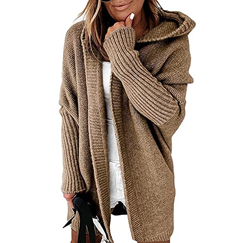 Yokbeer Damen Langarm Grobstrick Strickpullover Cardigan Große Größen Strickmantel Herbst Winter Strickwaren Teenager Mädchen Mäntel Longstrickjacke Kapuzenjacke (Color : Khaki, Size : XL) von Yokbeer