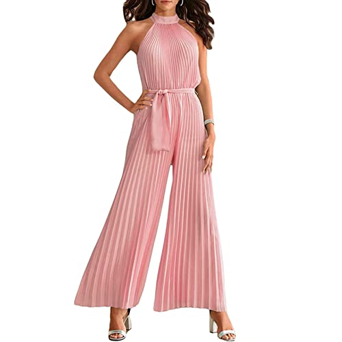 Yokbeer Damen Sexy Neckholder Overall mit Weitem Bein Ärmellos Elegant Festlich Sommer Plissee Overall Lang Taille Binden Hose Overall (Color : Pink, Size : L) von Yokbeer