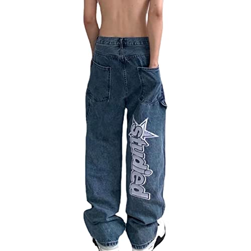 Yokbeer Herren Baggy Jeans Y2K Streetwear Jeanshosen Vintage Jungen Jeans Hip Hop Loose Casual Style Breite Hosen Fashion Print Loose Fit Wide Leg (Color : Blue, Size : 3XL) von Yokbeer