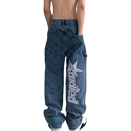 Yokbeer Herren Baggy Jeans Y2K Streetwear Jeanshosen Vintage Jungen Jeans Hip Hop Loose Casual Style Breite Hosen Fashion Print Loose Fit Wide Leg (Color : Blue, Size : S) von Yokbeer