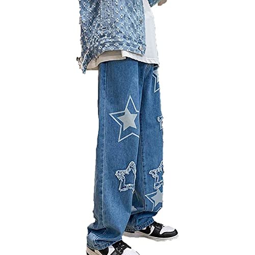 Yokbeer Herren Hip Hop Jeanshose Baggy Jeans Y2k Straight Jeans Teenager Jungen Skateboard Hose Streetwear Bedruckt Jeanshose Straight Leg (Color : Blue, Size : L) von Yokbeer