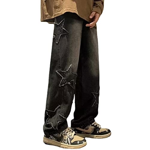 Yokbeer Herren Jeans Hosen Y2K Bedruckte Baggy Hip Hop Jeans Gerades Bein Gewaschene Vintage Denim Hosen Teenager Jungen Skateboard Hosen Streetwear (Color : Schwarz, Size : L) von Yokbeer