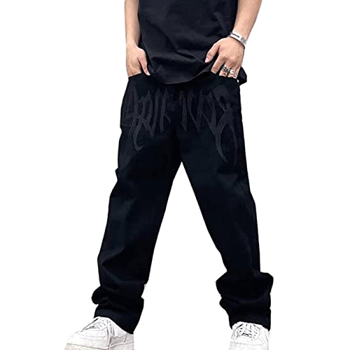 Yokbeer Herren Jeans mit Hip Hop Print, Gerade Passform, Vintage Denim Hose, Baggy, Lockere Passform, Gerade Beinhose, Retro Streetwear (Color : Schwarz, Size : XL) von Yokbeer