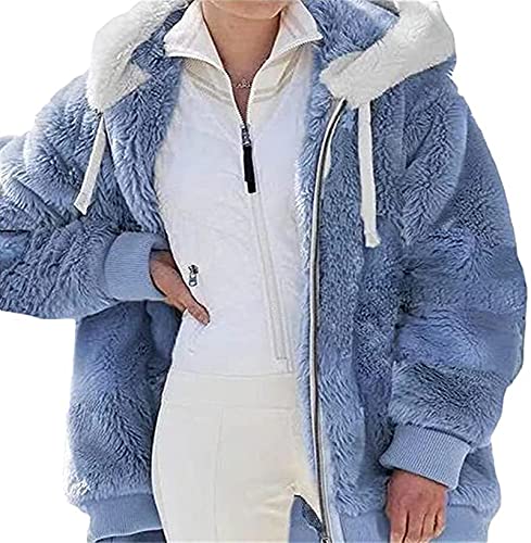 Yokbeer Strickjacken Damen Teddy Fleecejacke Plüschjacke Kunstpelz Jacke Kapuzenjacke Strickjacke Faux fur Pelzmantel Reißverschluss Fleece Mantel mit Kapuze Winterjacke (Color : Blue, Size : S) von Yokbeer