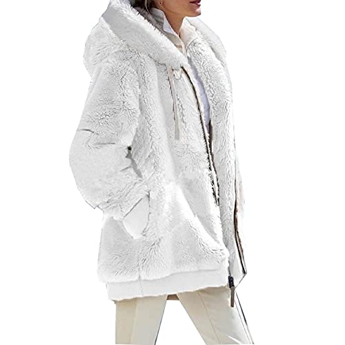 Yokbeer Strickjacken Damen Teddy Fleecejacke Plüschjacke Kunstpelz Jacke Kapuzenjacke Strickjacke Faux fur Pelzmantel Reißverschluss Fleece Mantel mit Kapuze Winterjacke (Color : White, Size : 3XL) von Yokbeer