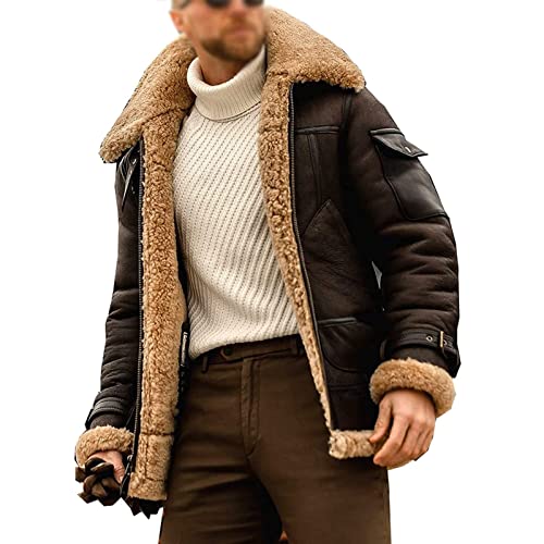 Yokbeer Wintermantel für Herren Umlegekragen Jacke Kunstpelz Hirschleder Fleece gefüttert Mantel Vintage Leder Oberbekleidung Übergröße (Color : Coffee gray, Size : XL) von Yokbeer