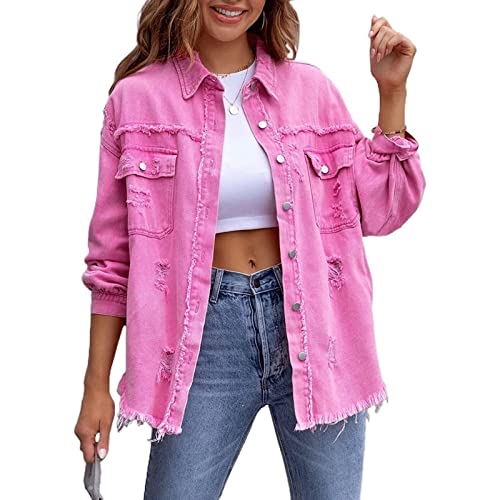 Yokbeer Zerrissene Fransen Jeansjacke for Damen, Jeansmantel, Langärmlig, Klassische Jeansjacke mit Ausgefranstem Saum und Tasche (Color : Pink, Size : L) von Yokbeer