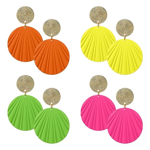 4 Paar Neon Ohrringe Leuchtend Damen Koreanische Statement Ohrringe Bunt Geometrisch Rund für Mädchen Lustige Orange Pink Matte Lackschale Tropfen 80er Jahre Neon Party Accessoires Festival Schmuck von Yolev