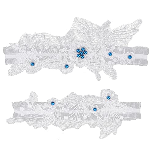 Yolev 2 Stück Strumpfband Blau Hochzeit Braut Weiß Braut Spitze Strumpfband Bein Ring Set Handgenäht Kunstperlen Garter Belt Perle Braut Accessoires Frauen Mädchen von Yolev