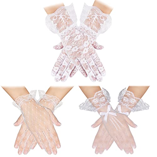 Yolev 3 Paar Handschuhe Spitze Elegante Kurze Netzhandschuhe Courtesy Sommerhandschuhe Handgelenklange Blumenhandschuhe Perfekt für Hochzeitsfeier Halloween Teeparty Abschlussball Abendhandschuhe von Yolev