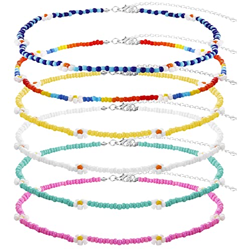 Yolev 6 Stück Perlenkette Kette Damen Perlen Choker Halsketten Boho Handgemachte Blumenkette Niedliche Halskette Strand Halskette Beaded Necklace Set Teenager Mädchen von Yolev