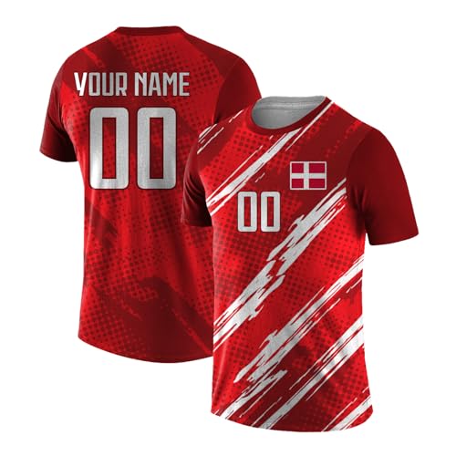 Yolovi Personalisiertes Fussballtrikot mit Namen Nummer Drucken Nationalflagge Sport Casual Trikots Fussballshirts für Herren Damen Jugendliche Denmark von Yolovi