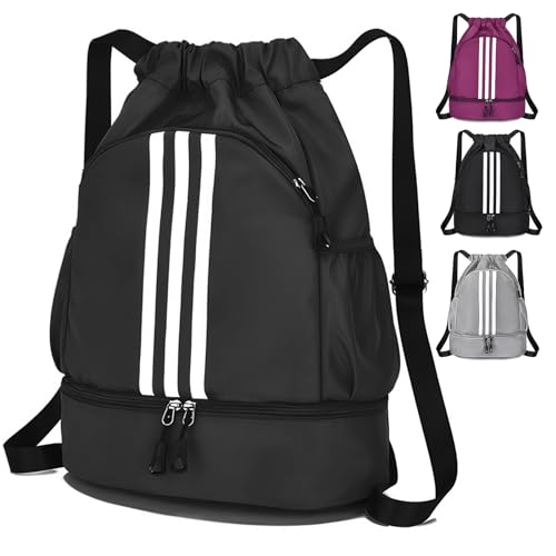 Yomaido Turnbeutel, Wasserfeste Sport Rucksäcke mit Kordelzug Verstellbar, Sporttasche Gymsack mit Bodenfach & Netztaschen für Damen und Herren, Jugend und Kinder (Schwarz) von Yomaido