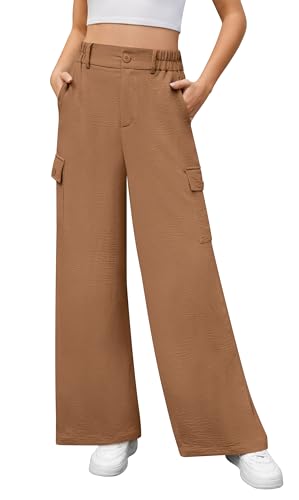 Yommay Cargo Hosen für Damen Sommer Casual Lockere Palazzo Hose Stretch High Waist Wide Leg Leicht Jogginghose mit Taschen,Khaki,S von Yommay