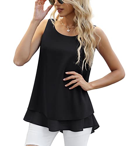 Yommay Chiffon Tank Tops für Damen Sommer Elegante ärmellose Business Cami Casual Blusen Tuniken,Schwarz,3XL EU von Yommay