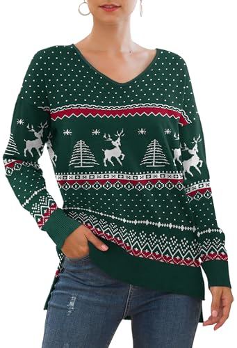 Yommay Christma Pullover für Damen mit V-Ausschnitt Leichtgewicht Langärmeliger Elegant Knitted Sweater Strickpullover Warme Fashion für Winter,Christma Armeegrün,2XL von Yommay