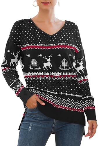 Yommay Christma Pullover für Damen mit V-Ausschnitt Leichtgewicht Langärmeliger Elegant Knitted Sweater Strickpullover Warme Fashion für Winter,Christma Schwarz,L von Yommay