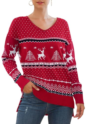 Yommay Christma Pullover für Damen mit V-Ausschnitt Leichtgewicht Langärmeliger Elegant Knitted Sweater Strickpullover Warme Fashion für Winter,Christma Weinrot,M von Yommay