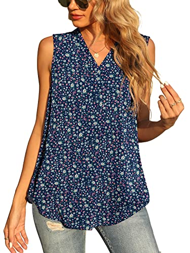 Yommay Damen Sommer ärmellose Westen Damen Chiffon Tank Tops Bluse lose lässig V Hals Blusen Shirts,Blume Navy Blau,L EU von Yommay