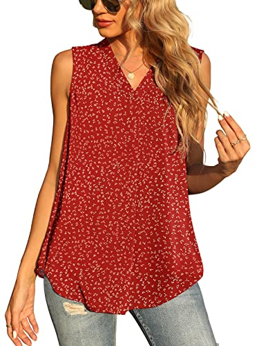 Yommay Damen Sommer ärmellose Westen Damen Chiffon Tank Tops Bluse lose lässig V Hals Blusen Shirts,Blume Weinrot,L EU von Yommay