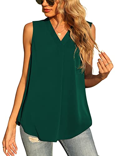 Yommay Damen Sommer ärmellose Westen Damen Chiffon Tank Tops Bluse lose lässig V Hals Blusen Shirts,Dunkelgrün,XL EU von Yommay