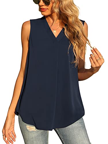 Yommay Damen Sommer ärmellose Westen Damen Chiffon Tank Tops Bluse lose lässig V Hals Blusen Shirts,Navy Blau,L EU von Yommay