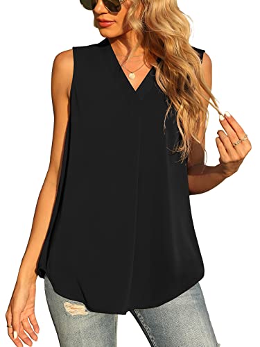 Yommay Damen Sommer ärmellose Westen Damen Chiffon Tank Tops Bluse lose lässig V Hals Blusen Shirts,Schwarz,L EU von Yommay