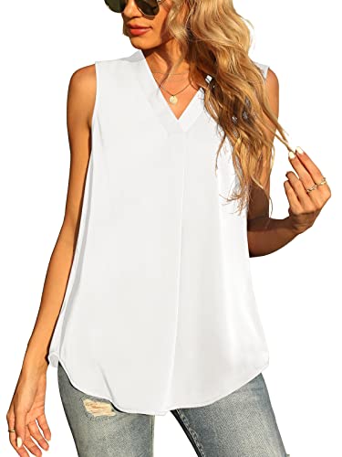 Yommay Damen Sommer ärmellose Westen Damen Chiffon Tank Tops Bluse lose lässig V Hals Blusen Shirts,Weiß,L EU von Yommay