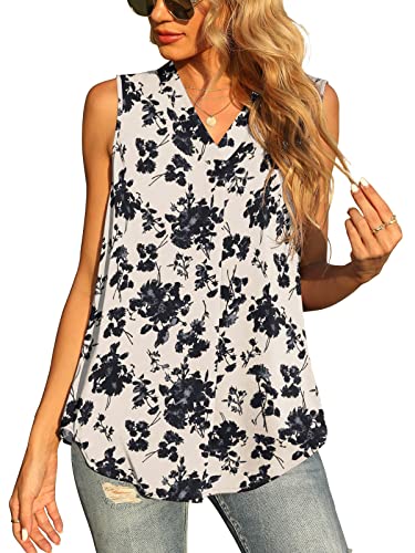 Yommay Damen Sommer ärmellose Westen Damen Chiffon Tank Tops Bluse lose lässig V Hals Blusen Shirts,Weißer Druck,M EU von Yommay